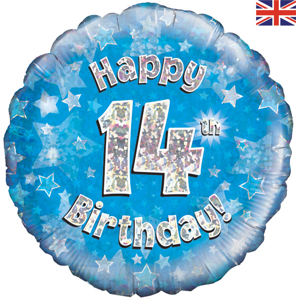 Happy 14th Birthday Blue Holographic 18" Balloon (Optional Helium Inflation)