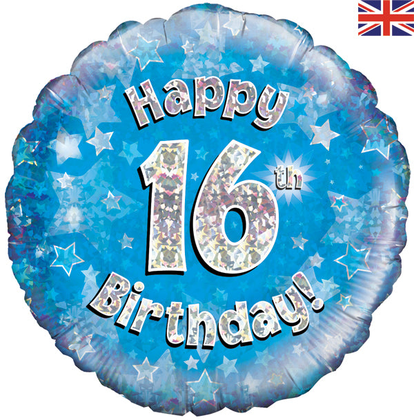 Happy 16th Birthday Blue Holographic 18" Balloon (Optional Helium Inflation)