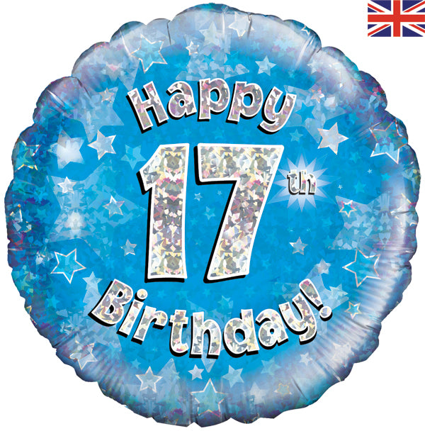 Happy 17th Birthday Blue Holographic 18" Balloon (Optional Helium Inflation)