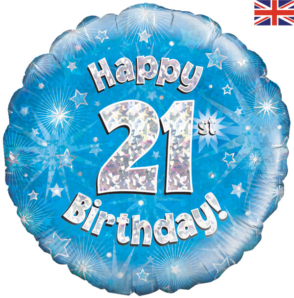 Happy 21st Birthday Blue Holographic Balloon (Optional Helium Inflation)