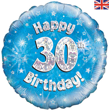 Happy 30th Birthday Blue Holographic 18" Balloon (Optional Helium Inflation)