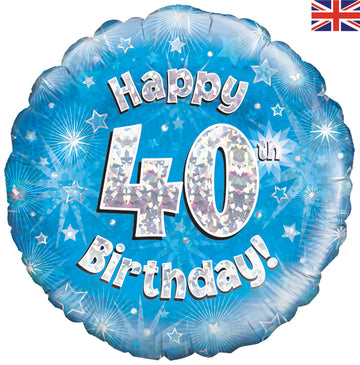 Happy 40th Birthday Blue Holographic 18" Balloon (Optional Helium Inflation)