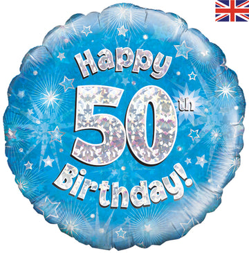 Happy 50th Birthday Blue Holographic 18" Balloon (Optional Helium Inflation)