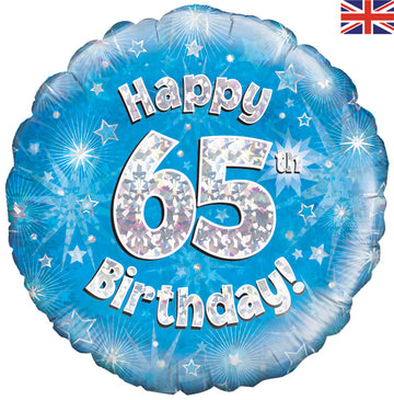 Happy 65th Birthday Blue Holographic 18" Balloon (Optional Helium Inflation)