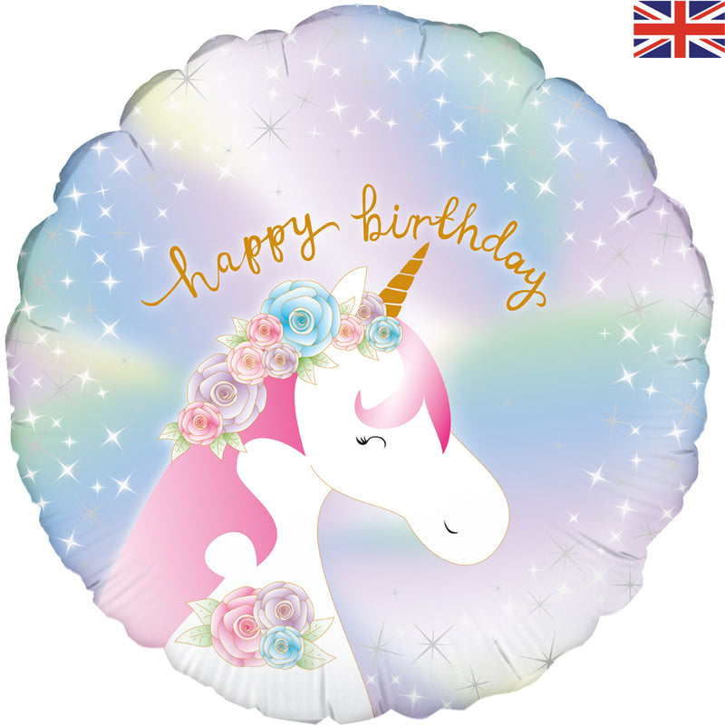 Pastel Unicorn Birthday Holographic 18" Helium Filled Foil Balloon (Optional Helium Inflation)
