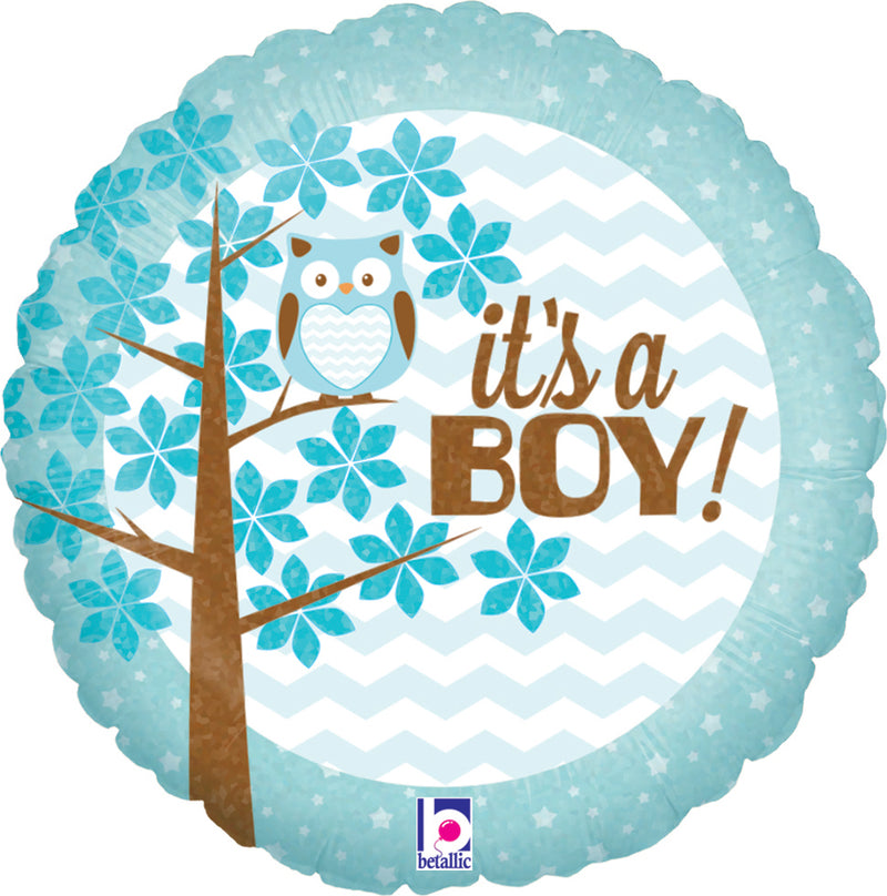 It’s a Boy Baby Owl Holographic Foil Balloon (Optional Helium Inflation)