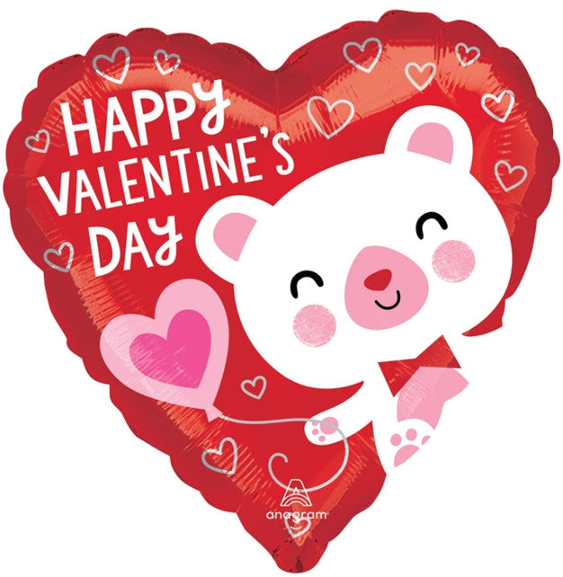 Happy Valentine's Day White Bear Heart Shaped Foil Balloon (Optional Helium Inflation)