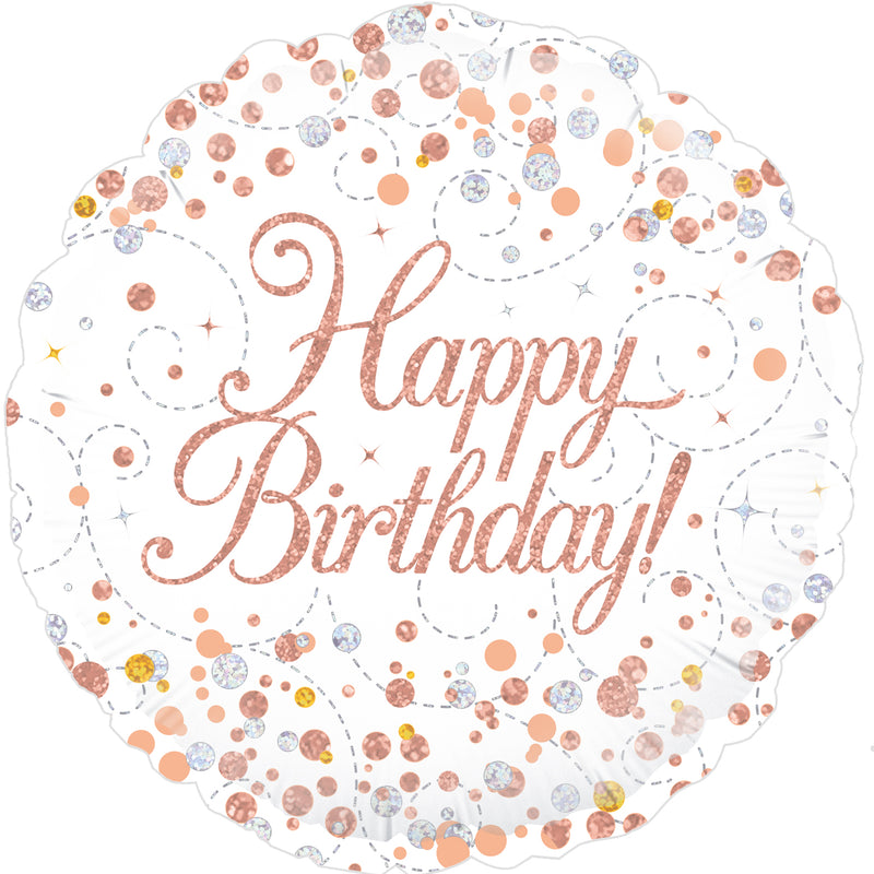 Happy Birthday Rose Gold Sparkle Holographic Foil Balloon (Optional Helium Inflation)
