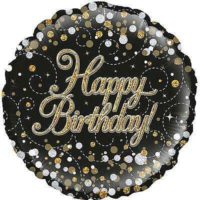 Happy Birthday Black and Gold Holographic Foil Balloon (Optional Helium Inflation)