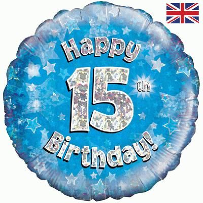 Happy 15th Birthday Blue Holographic 18" Balloon (Optional Helium Inflation)