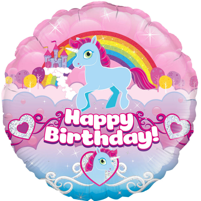 Rainbow Unicorn Happy Birthday Holographic Foil Helium Balloon (Optional Helium Inflation)