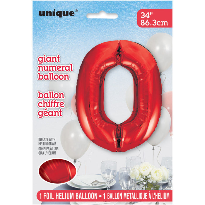 Red Number 0 Giant Foil Helium Balloon 34" (Optional Helium Inflation)