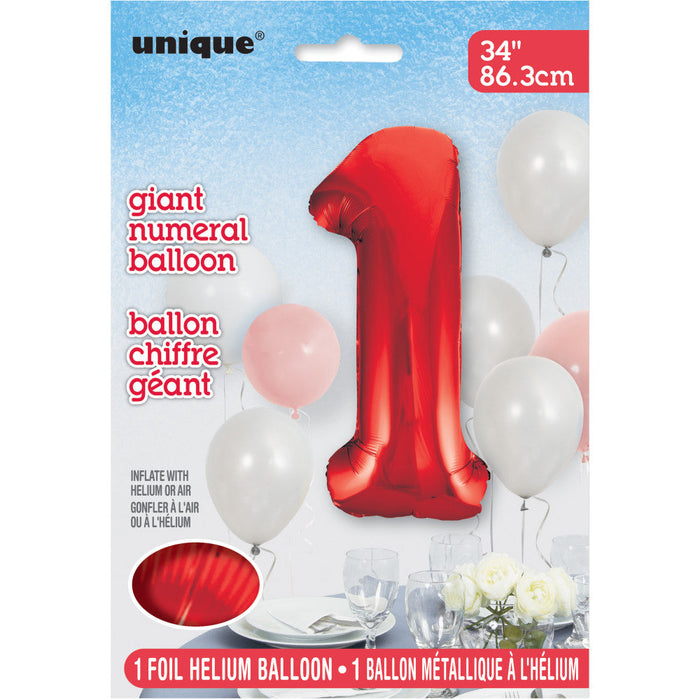 Red Number 1 Giant Foil Helium Balloon 34" (Optional Helium Inflation)