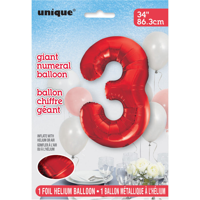 Red Number 3 Giant Foil Helium Balloon 34" (Optional Helium Inflation)