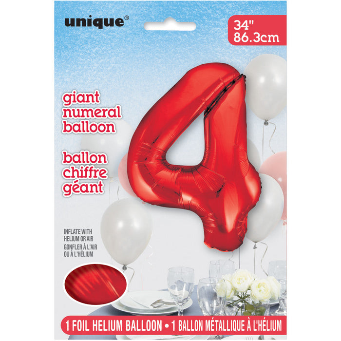 Red Number 4 Giant Foil Helium Balloon 34" (Optional Helium Inflation)