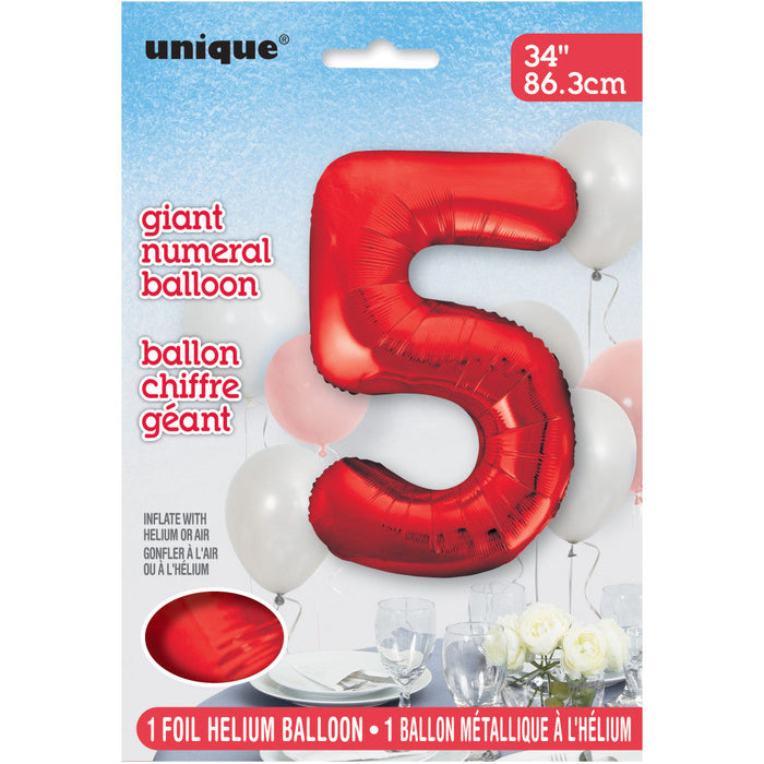 Red Number 5 Giant Foil Helium Balloon 34" (Optional Helium Inflation)