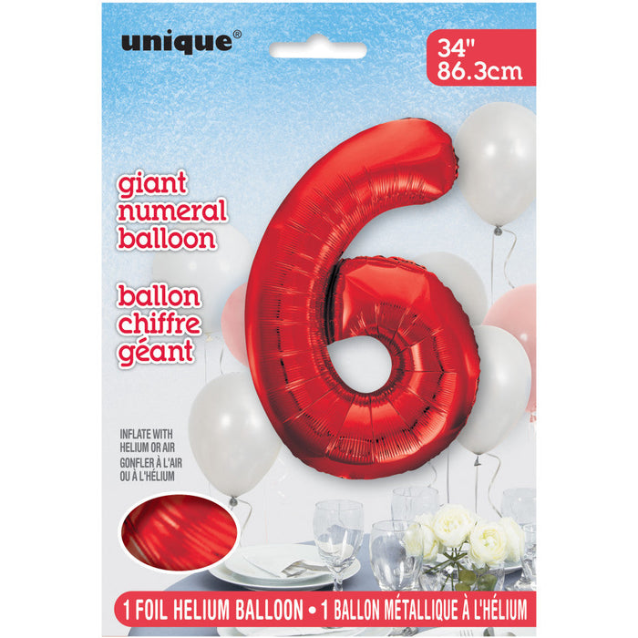 Red Number 6 Giant Foil Helium Balloon 34" (Optional Helium Inflation)