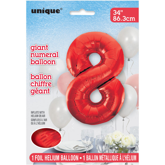 Red Number 8 Giant Foil Helium Balloon 34" (Optional Helium Inflation)