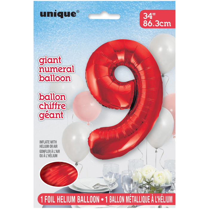 Red Number 9 Giant Foil Helium Balloon 34" (Optional Helium Inflation)
