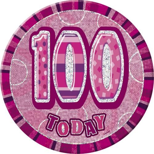 6" Jumbo Badge 100 Today Pink Holographic Dot - Sweets 'n' Things