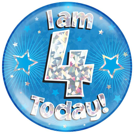 6" Jumbo Badge I am 4 Today Blue Holographic Cracked Ice - Sweets 'n' Things