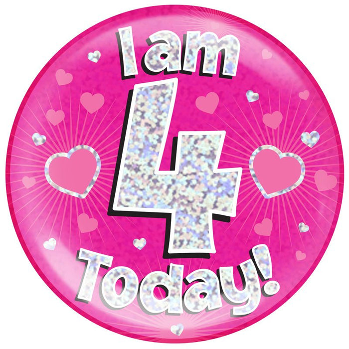 6" Jumbo Badge I am 4 Today Pink Holographic Dot - Sweets 'n' Things