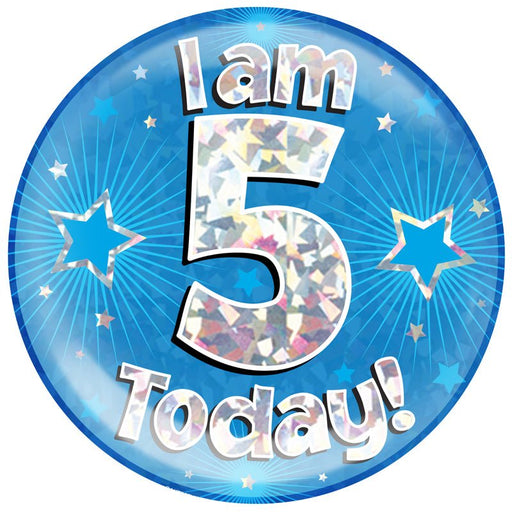 6" Jumbo Badge I am 5 Today Blue Holographic Cracked Ice - Sweets 'n' Things
