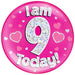 6" Jumbo Badge I am 9 Today Pink Holographic Dot - Sweets 'n' Things