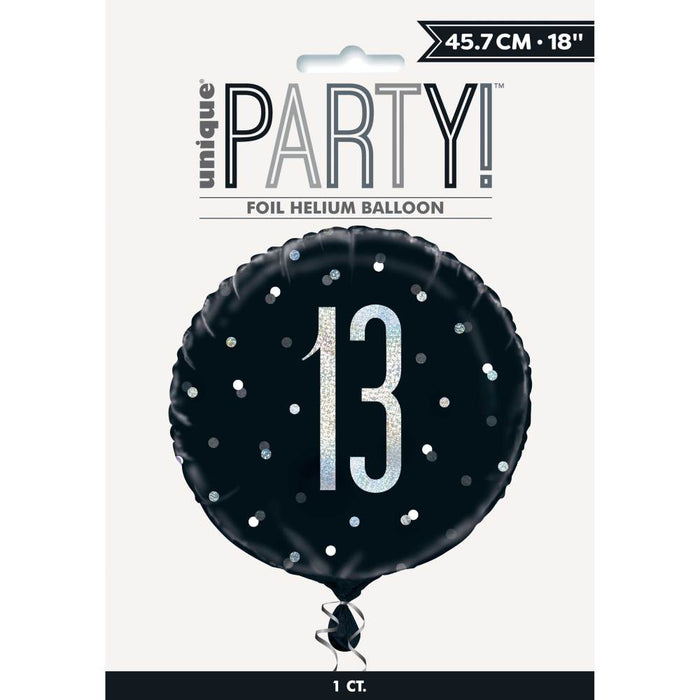 Black and Silver Happy 13th Birthday Round Helium Filled Balloon (Optional Helium Inflation)