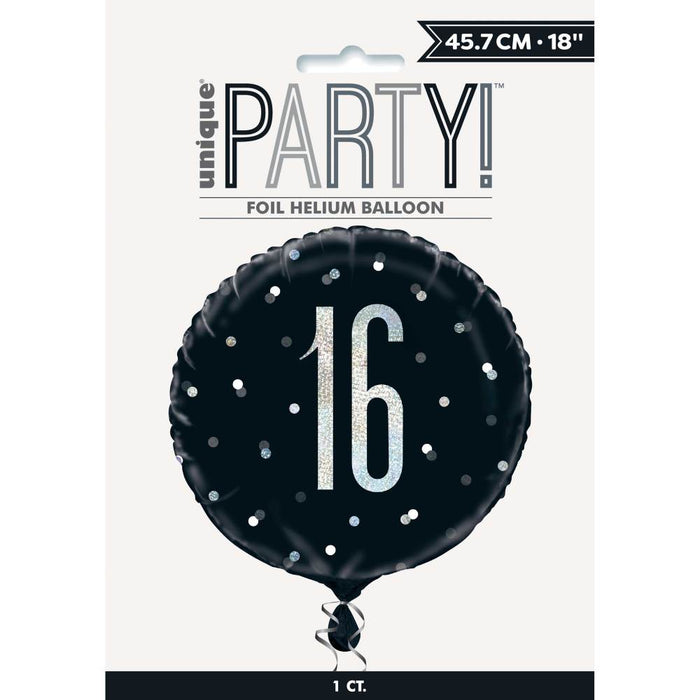 Black and Silver Happy 16th Birthday Round Helium Filled Balloon (Optional Helium Inflation)