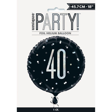 Black and Silver Happy 40thBirthday Round Helium Filled Balloon (Optional Helium Inflation)