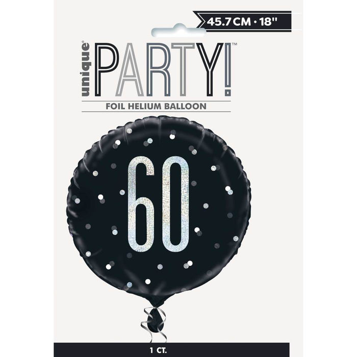 Black and Silver Happy 60th Birthday Round Helium Filled Balloon (Optional Helium Inflation)