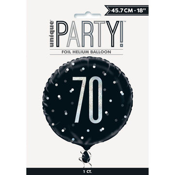 Black and Silver Happy 70th Birthday Round Helium Filled Balloon (Optional Helium Inflation)