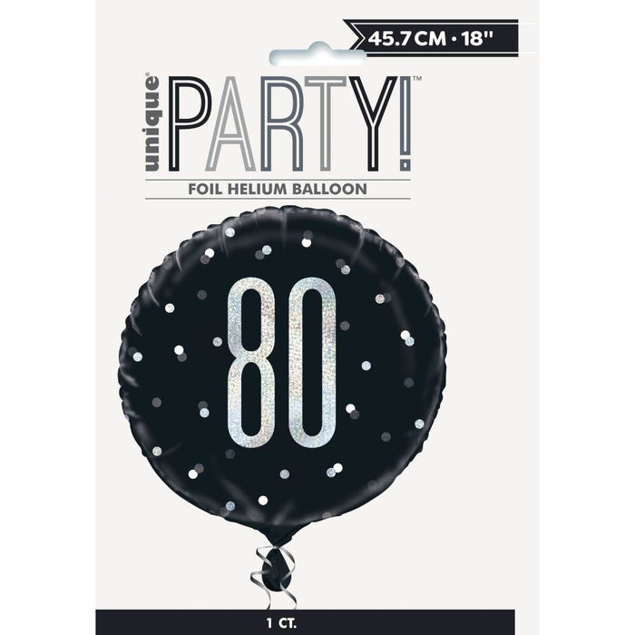 Black and Silver Happy 80th Birthday Round Helium Filled Balloon (Optional Helium Inflation)