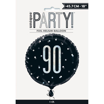 Black and Silver Happy 90th Birthday Round Helium Filled Balloon (Optional Helium Inflation)