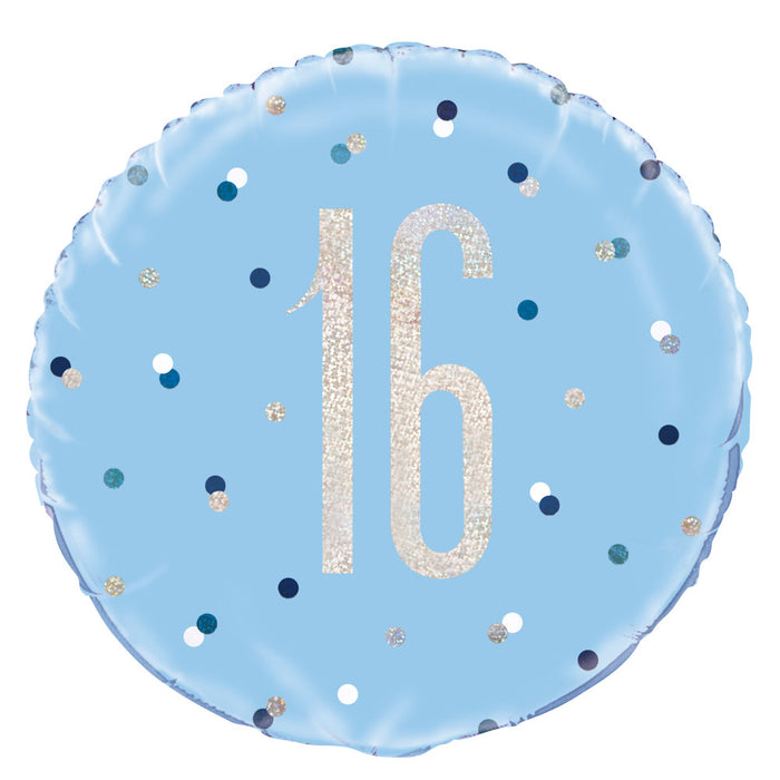 16th Blue Glitz - Helium Filled Foil Balloon (Optional Helium Inflation)