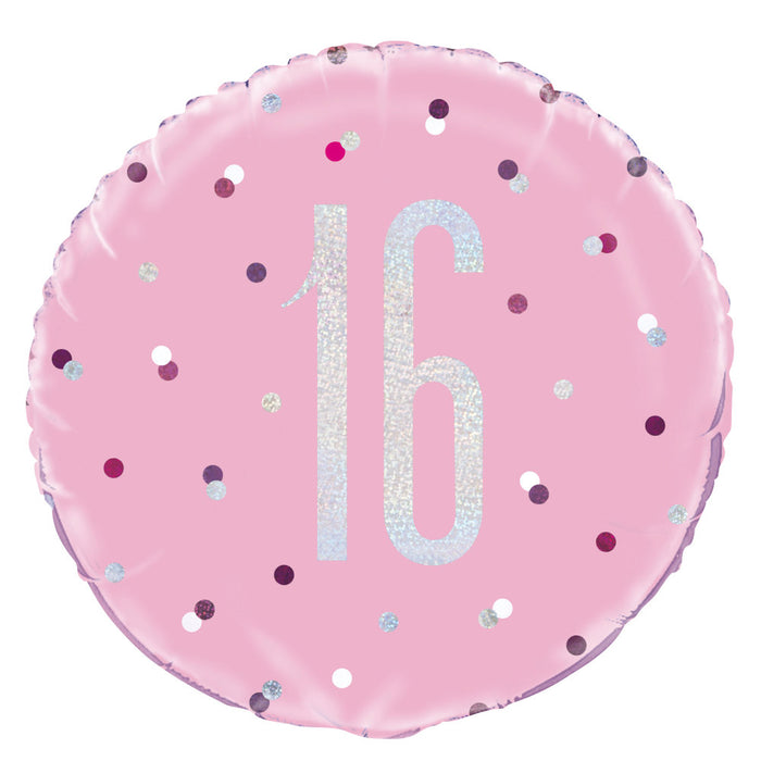 16th Pink Glitz Helium Filled Foil Balloon (Optional Helium Inflation)