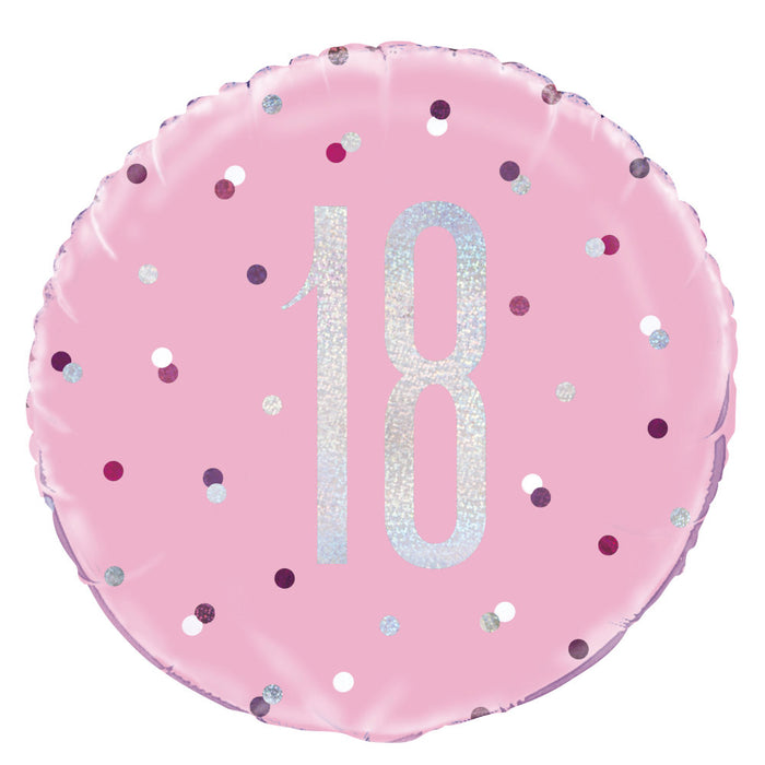 18th Pink Glitz Helium Filled Foil Balloon (Optional Helium Inflation)