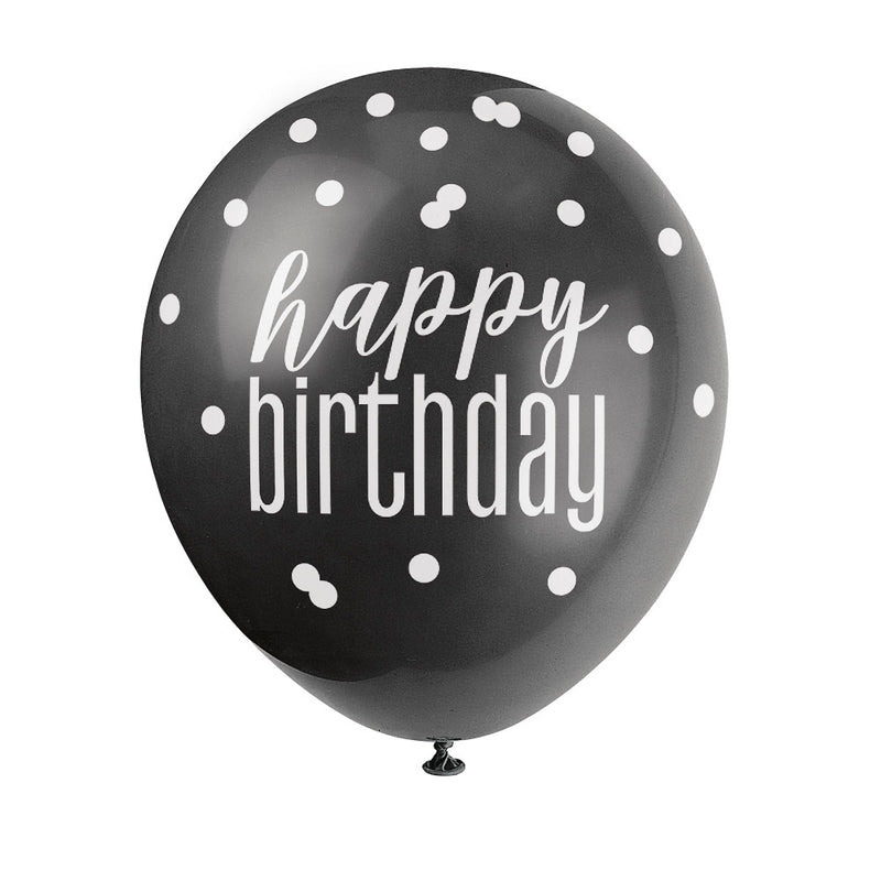 Happy Birthday Glitz Black and Silver Balloon 6 Pack