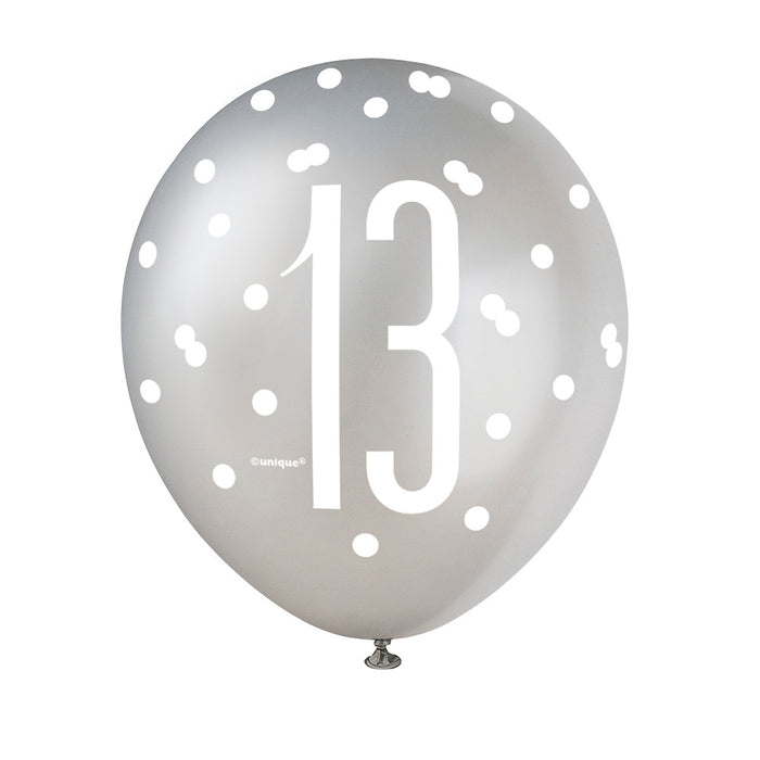 13 Birthday Glitz Black and Silver Balloons x 6