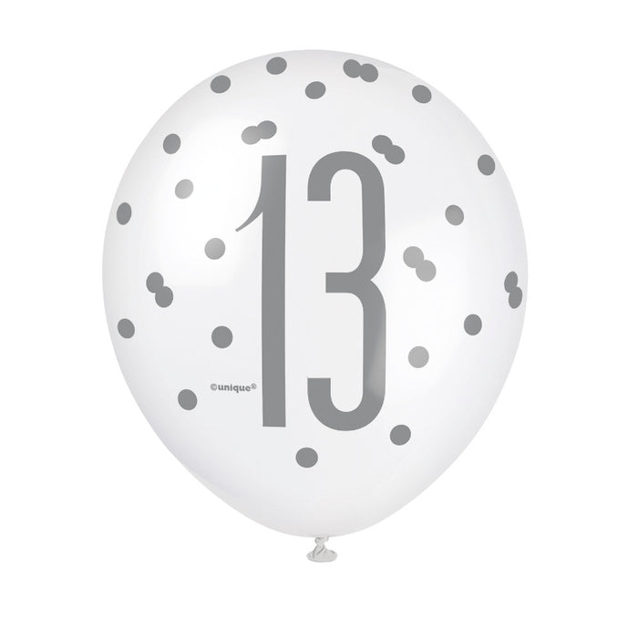 13 Birthday Glitz Black and Silver Balloons x 6