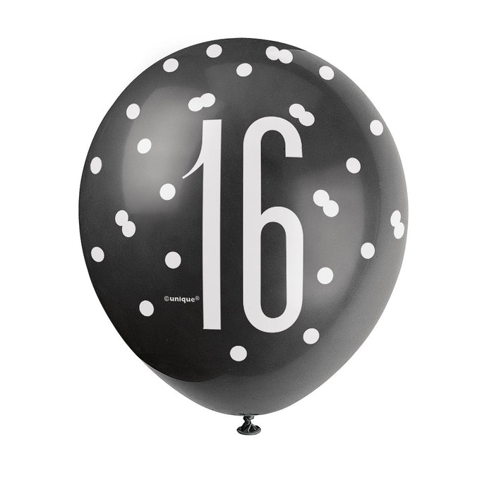 16 Birthday Glitz Black and Silver Balloons x 6