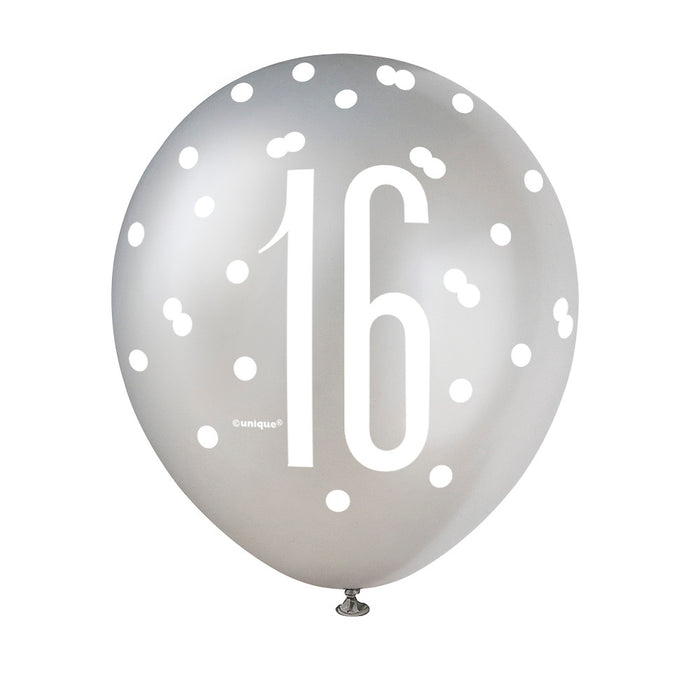16 Birthday Glitz Black and Silver Balloons x 6