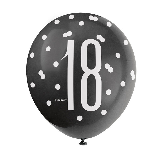18 Birthday Glitz Black and Silver Balloons x 6