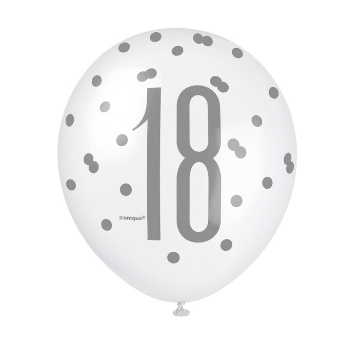18 Birthday Glitz Black and Silver Balloons x 6