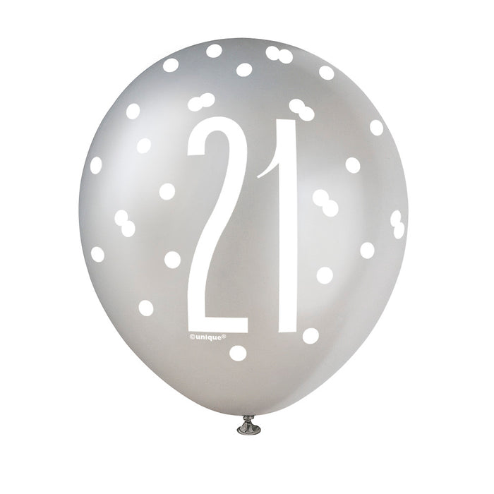21 Birthday Glitz Black and Silver Balloons x 6