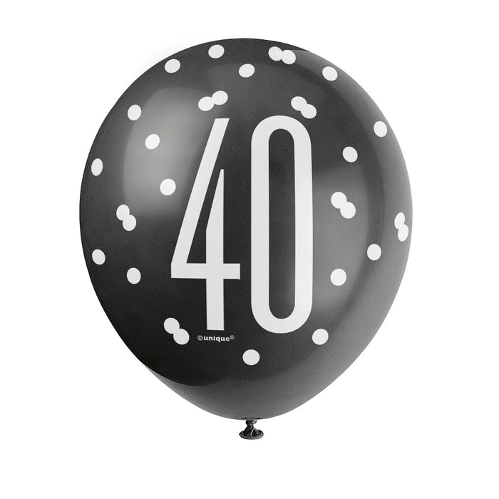 40 Birthday Glitz Black and Silver Balloons x 6