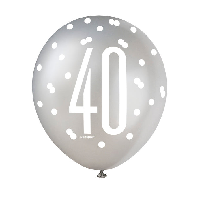 40 Birthday Glitz Black and Silver Balloons x 6