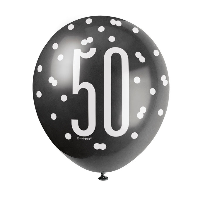 50 Birthday Glitz Black and Silver Balloons x 6