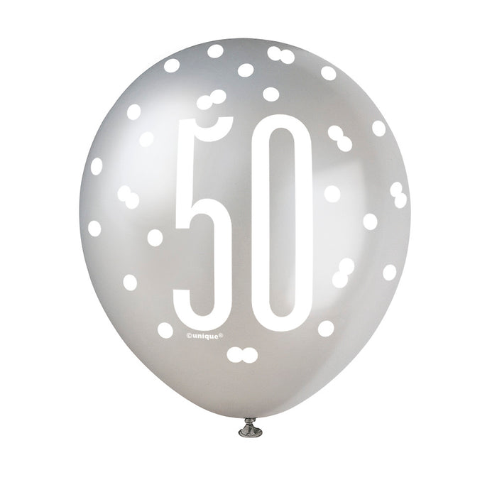 50 Birthday Glitz Black and Silver Balloons x 6